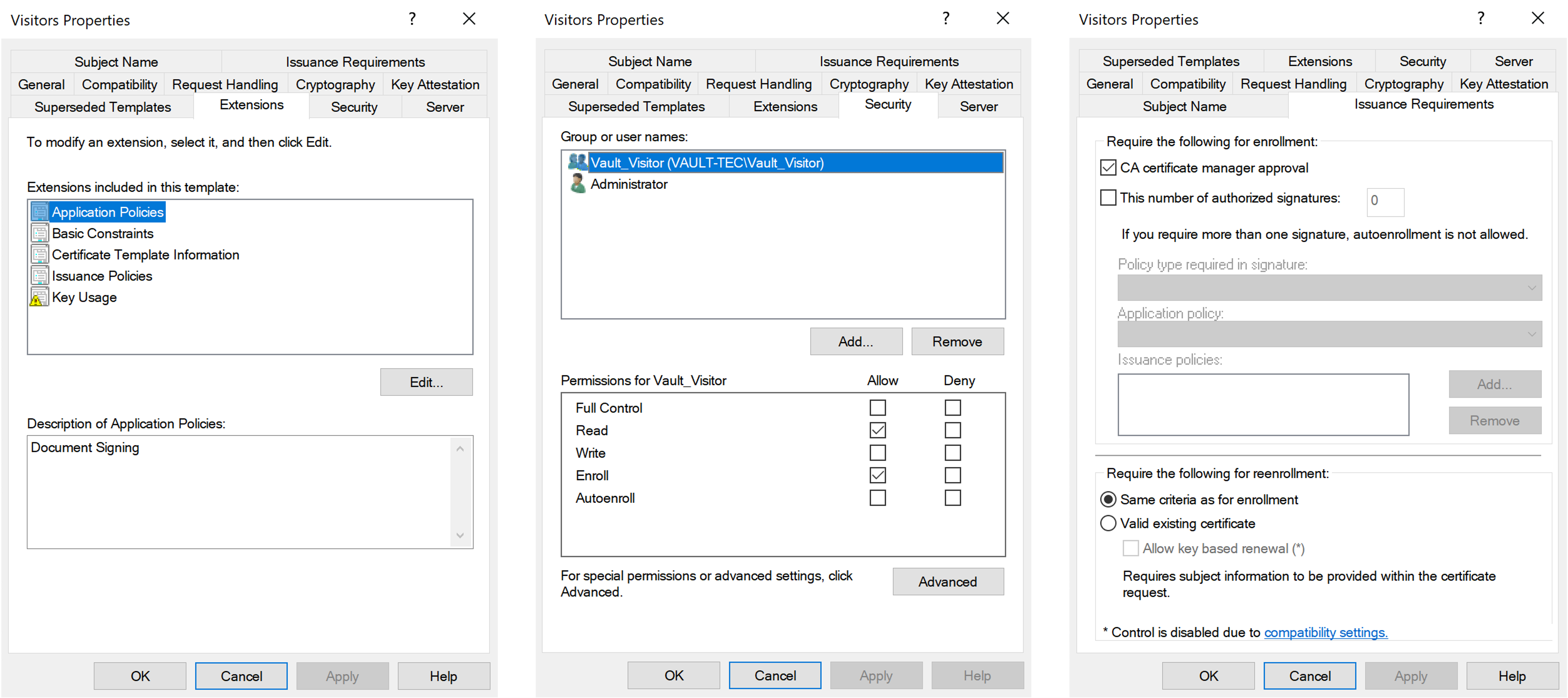 Certificate Template Properties: Vault Visitor
