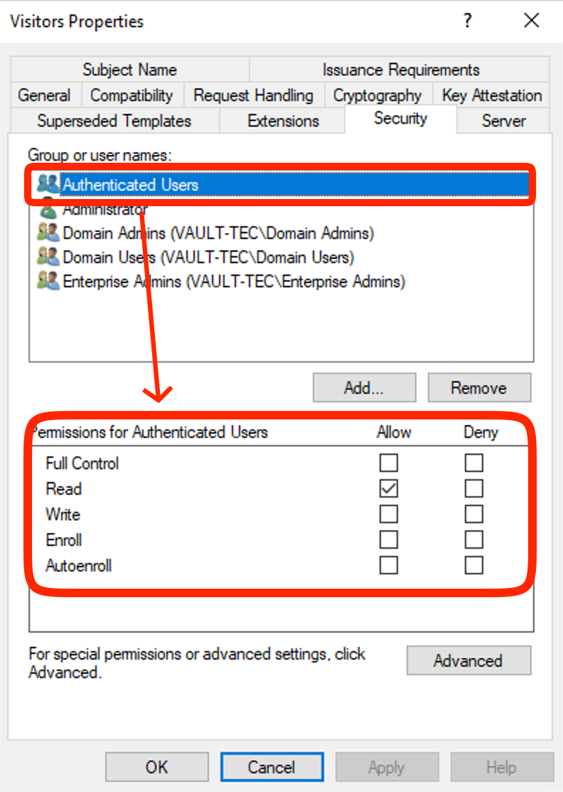 Certificate Template Security: Permissions of Authenticated User