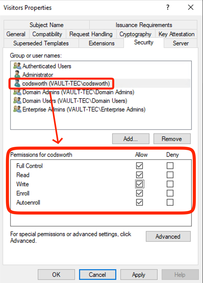 Certificate Template Security: Excessive Permission of vault.tec\codsworth 