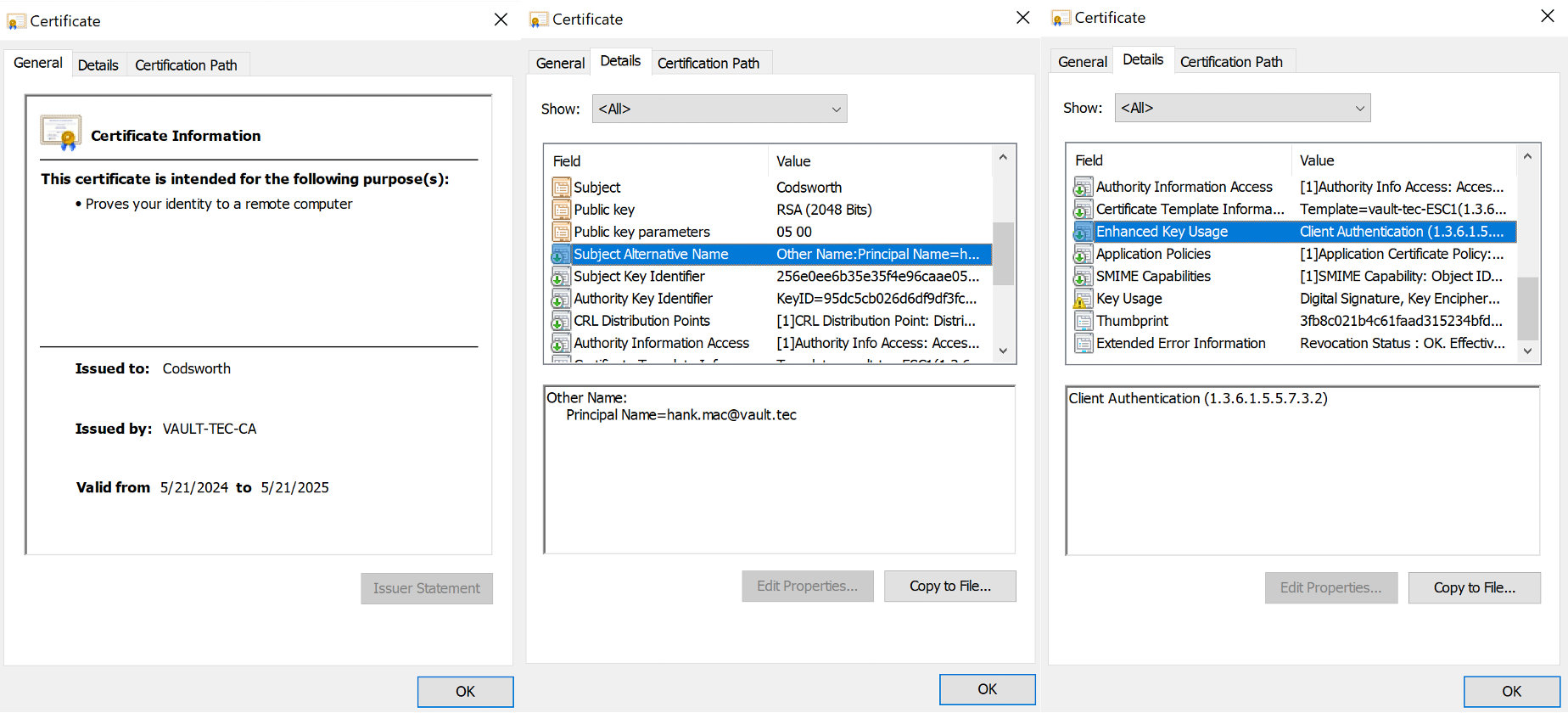 The Certificate was issued to vault.tec\codsworth