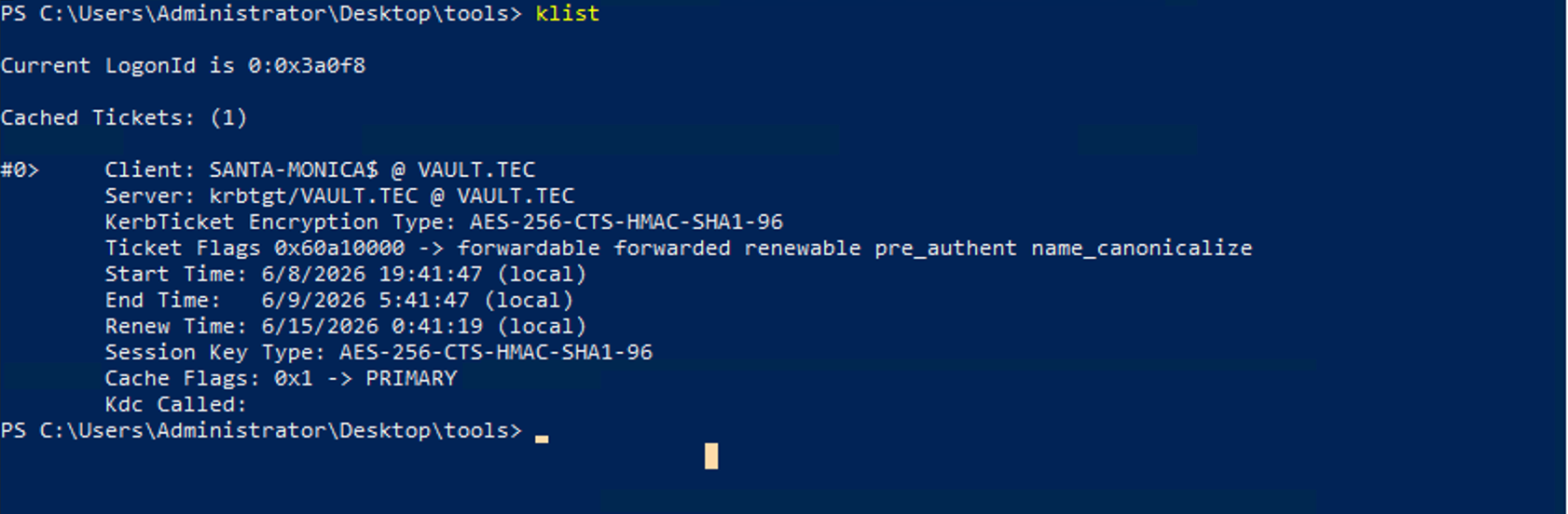 Using klist command to list the current ticket