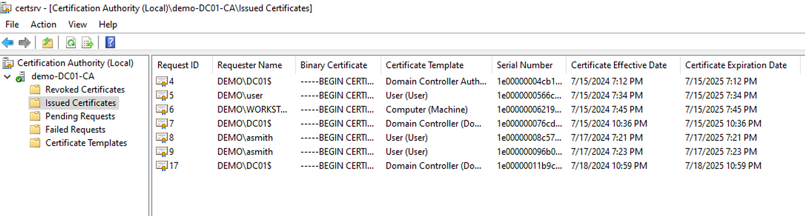 Forged certificate and rouge CA are not showing in certsrv.msc