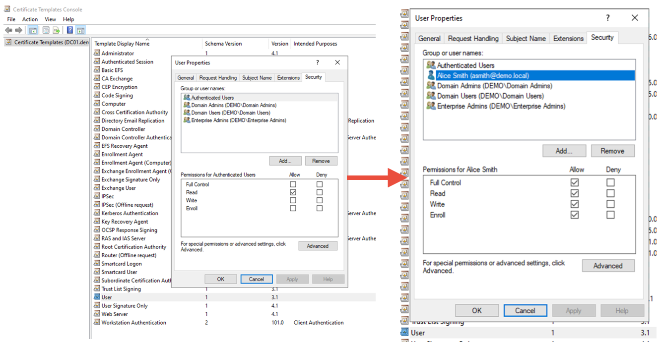 Assign User template Full Control access to Alice Smith