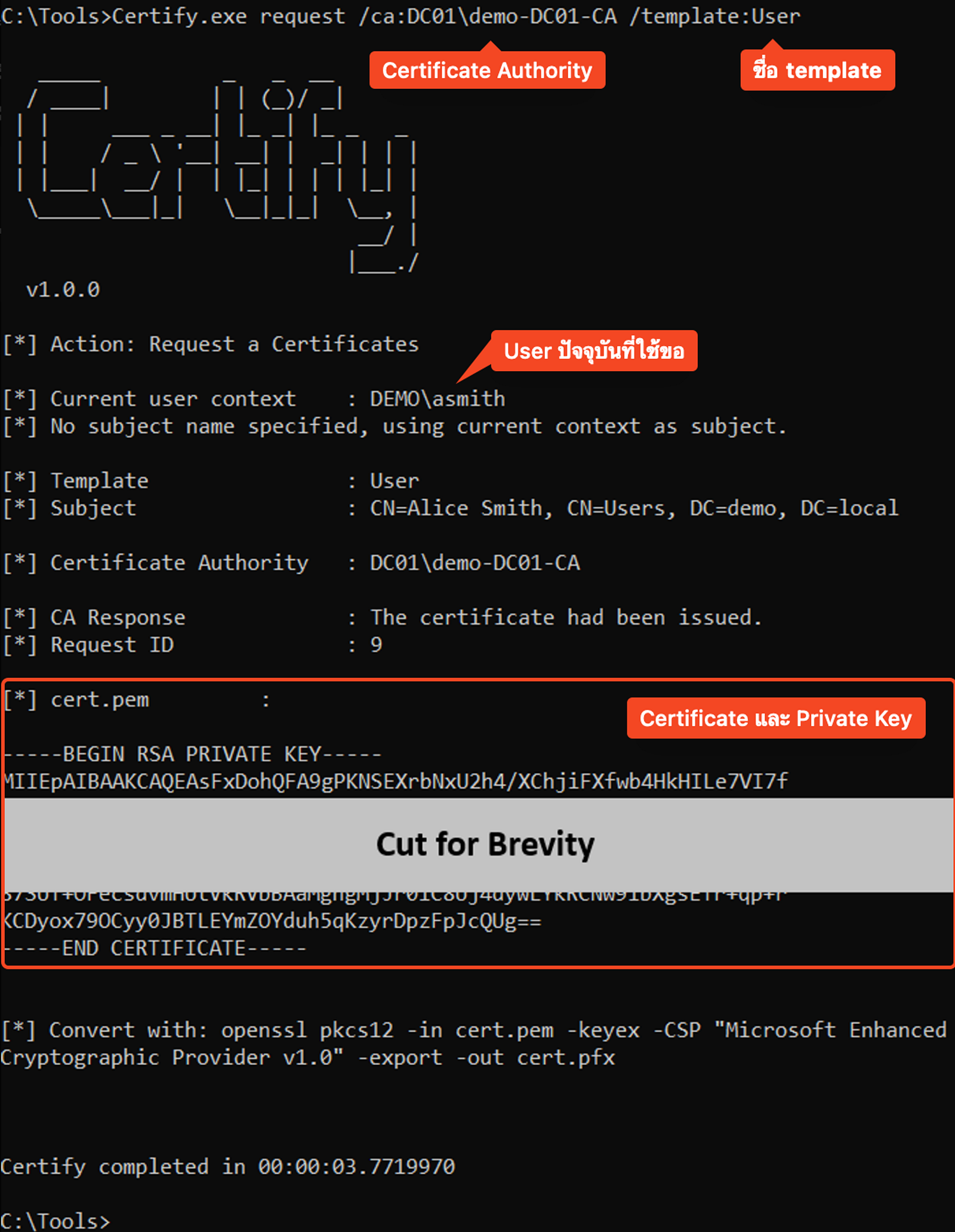 Request a certificate using the “User” template with Certify