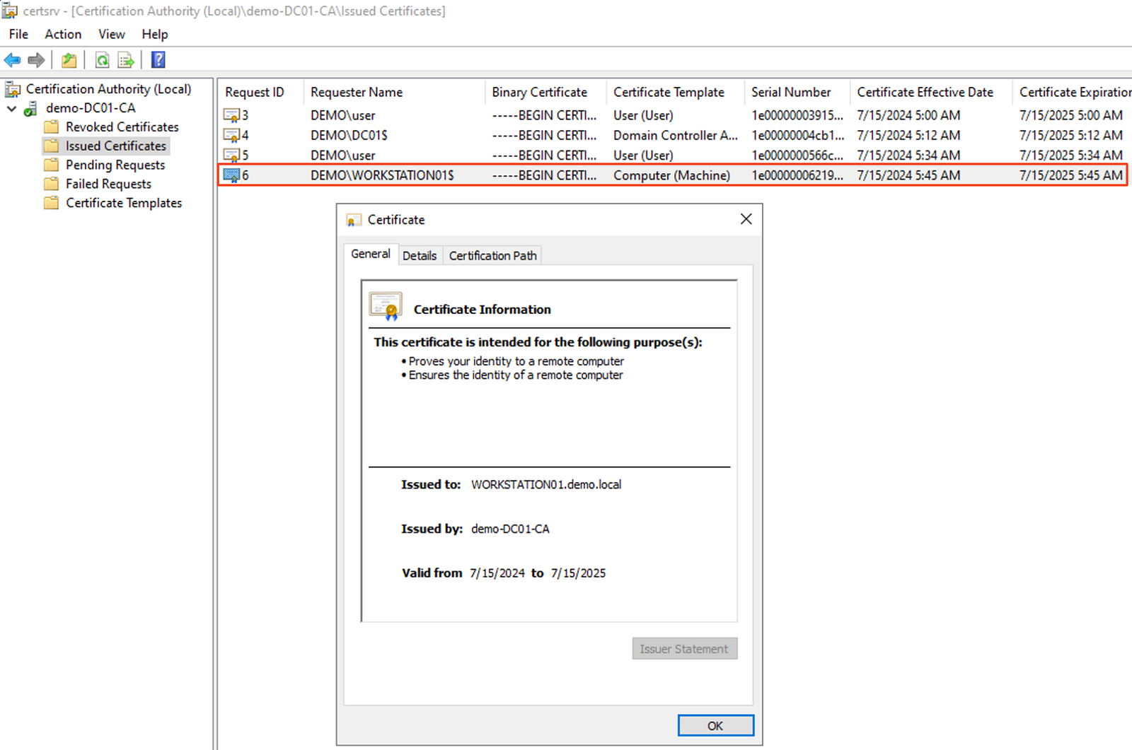 Issued Certificates in certsrv.msc