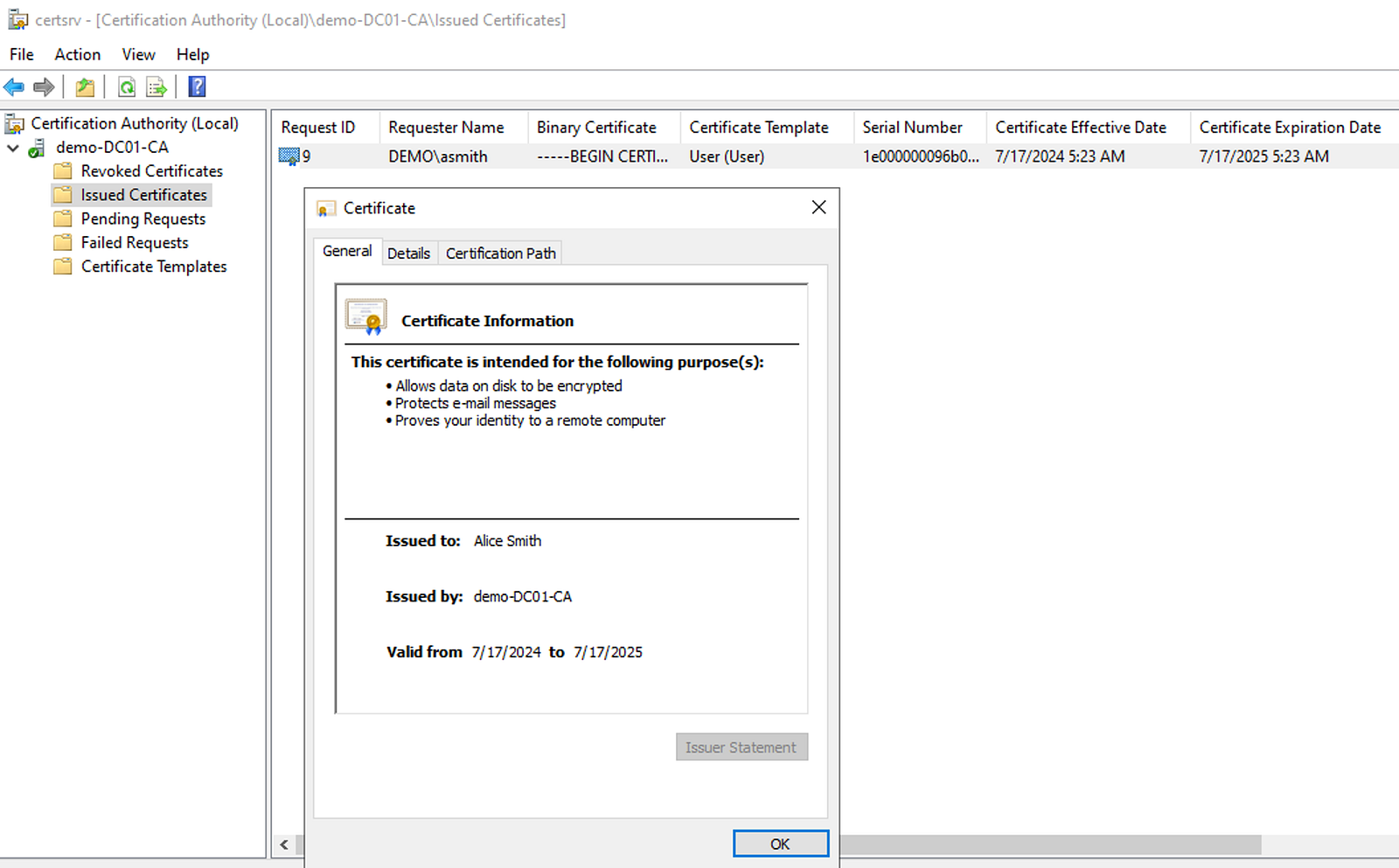 Issued Certificates in certsrv.msc