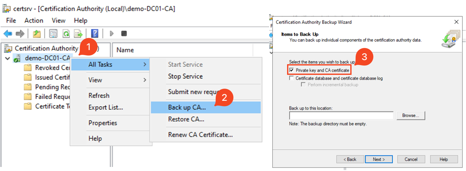 Export CA with certsrv.msc