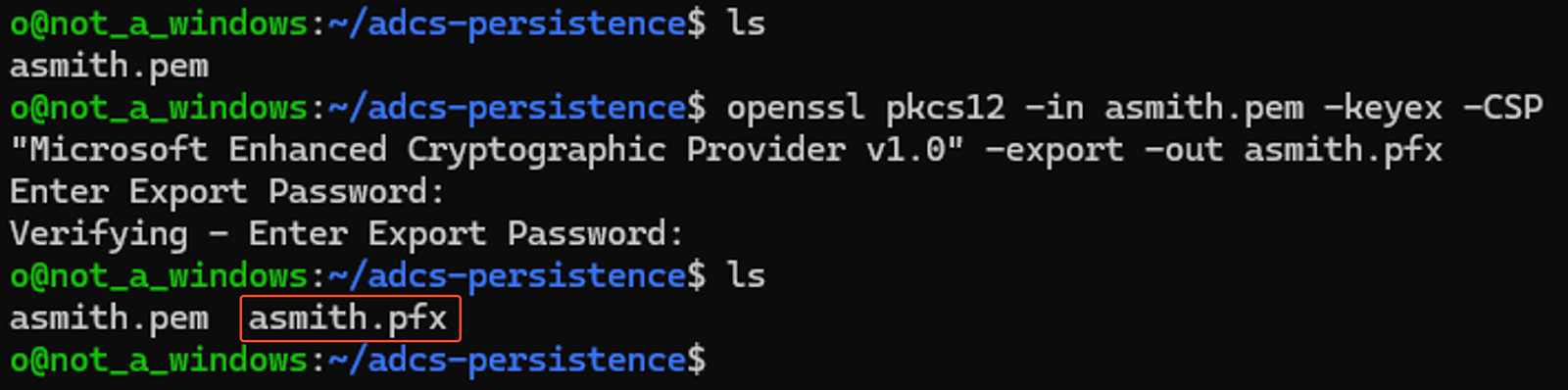Convert the requested certificate and its private key to pfx format