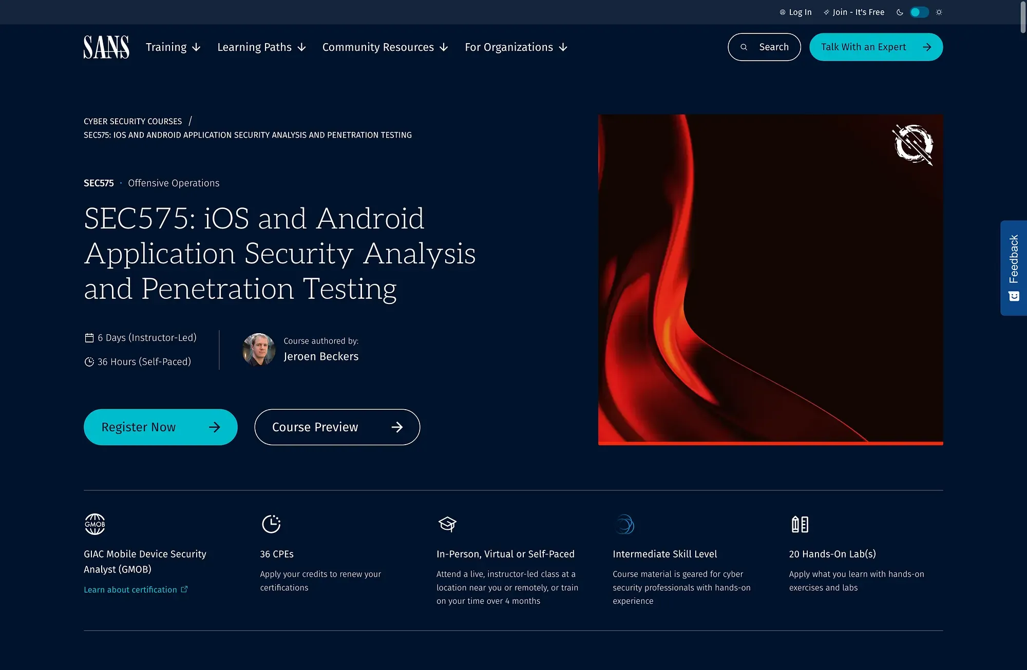 SEC575: iOS and Android Application Security Analysis and Penetration Testing / Source: https://www.sans.org/cyber-security-courses/ios-android-application-security-analysis-penetration-testing