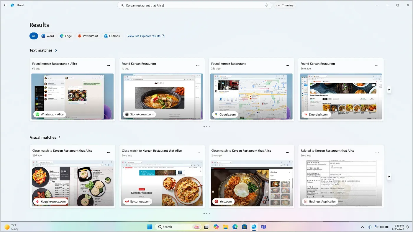 Search Results in Windows Recall / Source: Microsoft