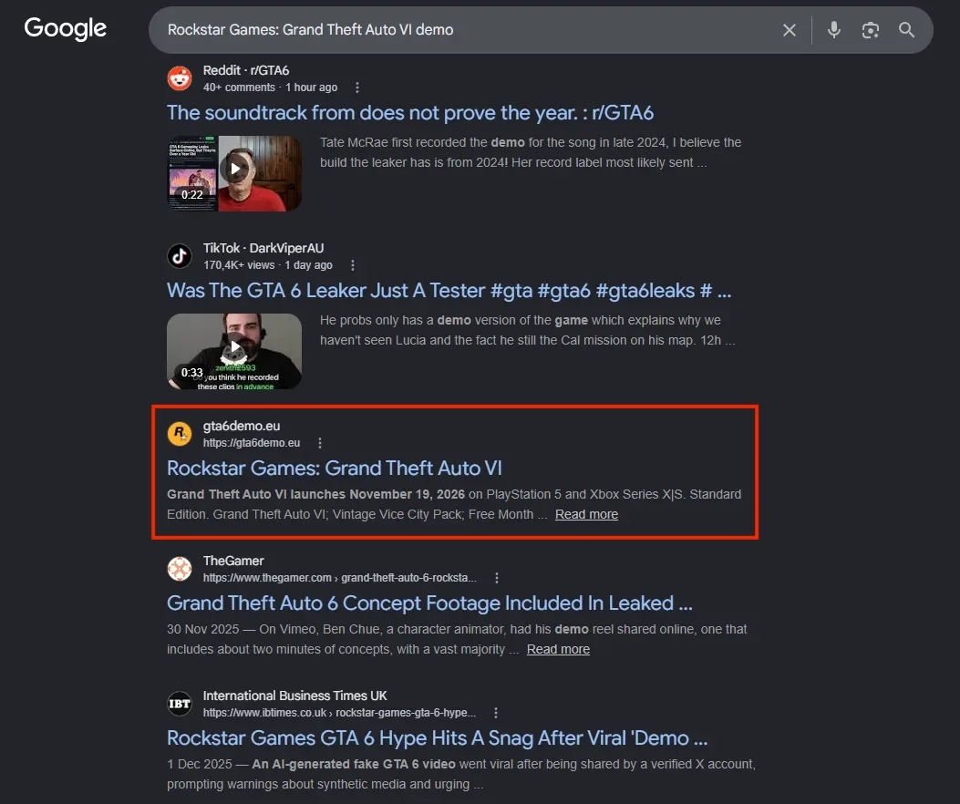 เว็บไซต์ปลอม GTA 6 ที่ขึ้นมาใน Google search พร้อมกับข่าว GTA 6 ต่าง ๆ ที่เป็นของจริง