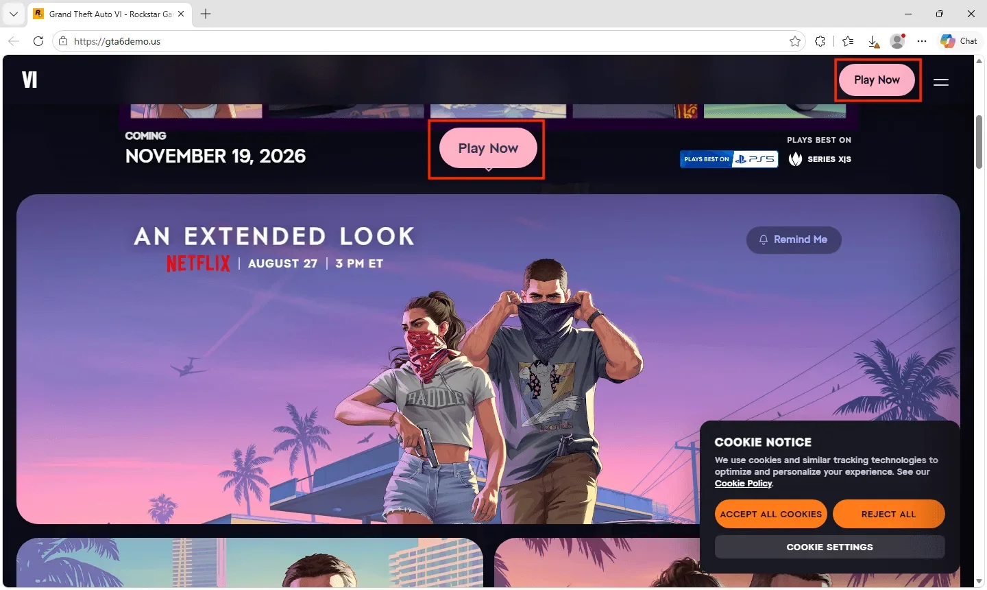 หน้าเว็บไซต์ปลอมที่นำประกาศ Extended Look ของจริงมาหลอกพร้อมปุ่ม "Play Now"