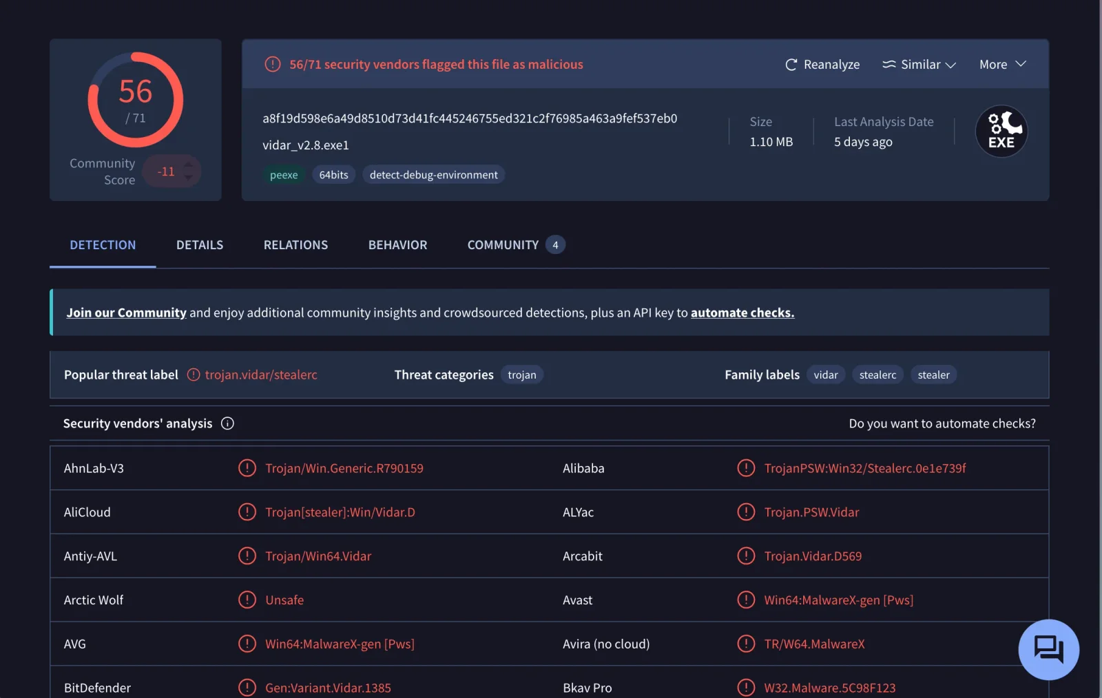 ผลการสแกนตัว installer ด้วย VirusTotal พบว่าเป็น Vidar Stealer