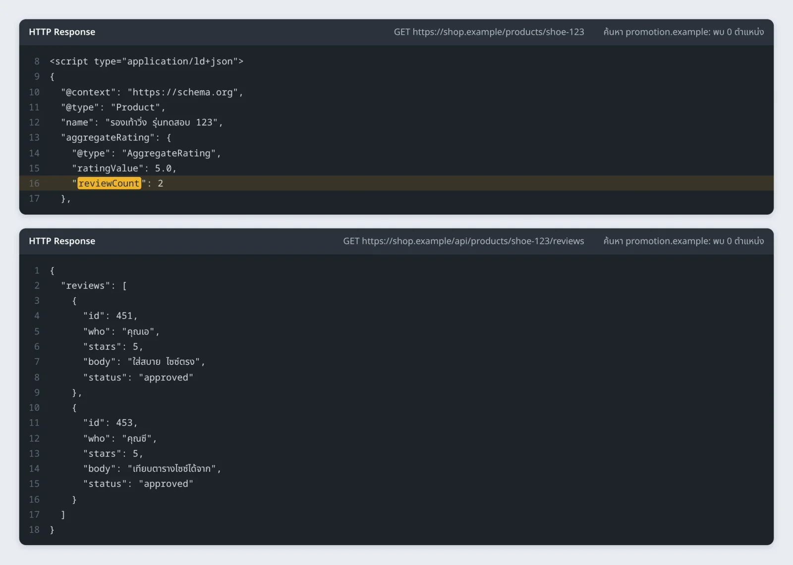 ตัวอย่างการตรวจ JSON-LD และ API หลังนำรีวิวสแปมออก
