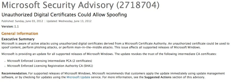 Microsoft Security Advisory 2718704