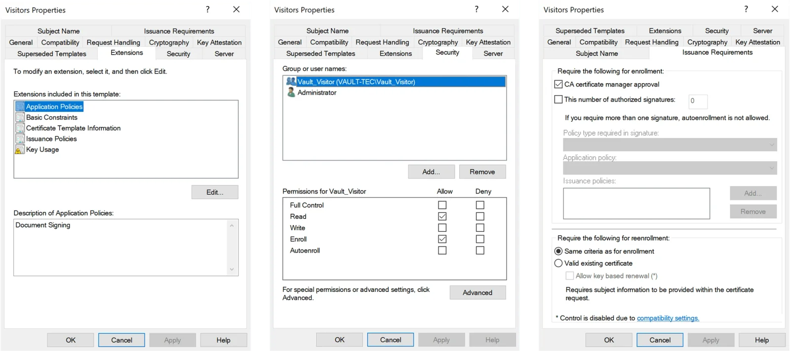 Certificate Template Properties: Vault Visitor