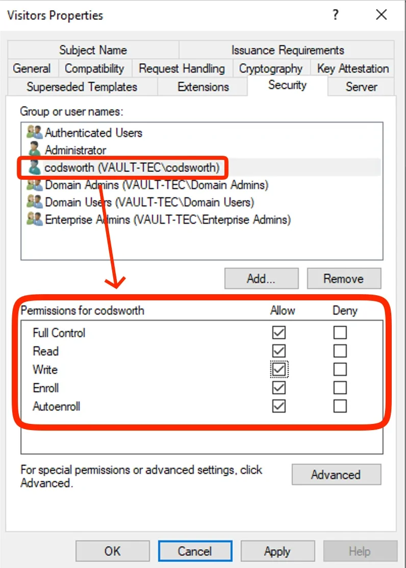 Certificate Template Security: Excessive Permission of vault.tec\codsworth