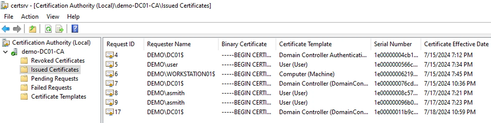 Forged certificate not showing in certsrv.msc