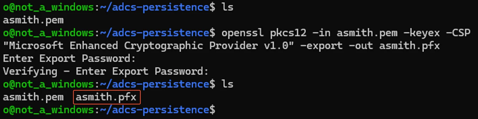 Convert the requested certificate and its private key to pfx format