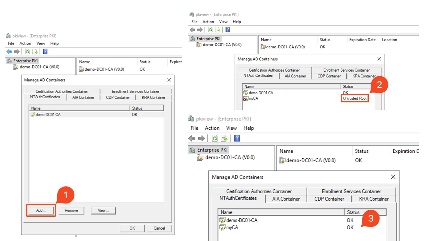 Publish the generated CA with pkiview.msc