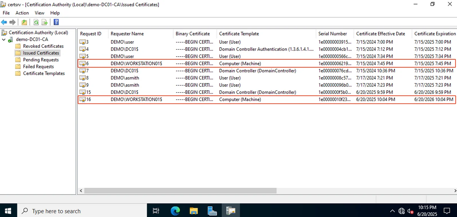 Issued Certificates in certsrv.msc