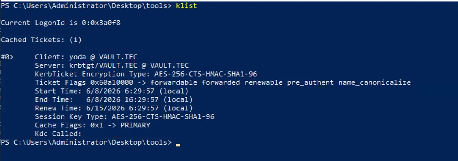 Using klist command to list the current ticket