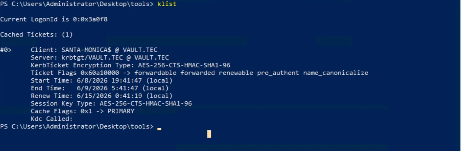 Using klist command to list the current ticket
