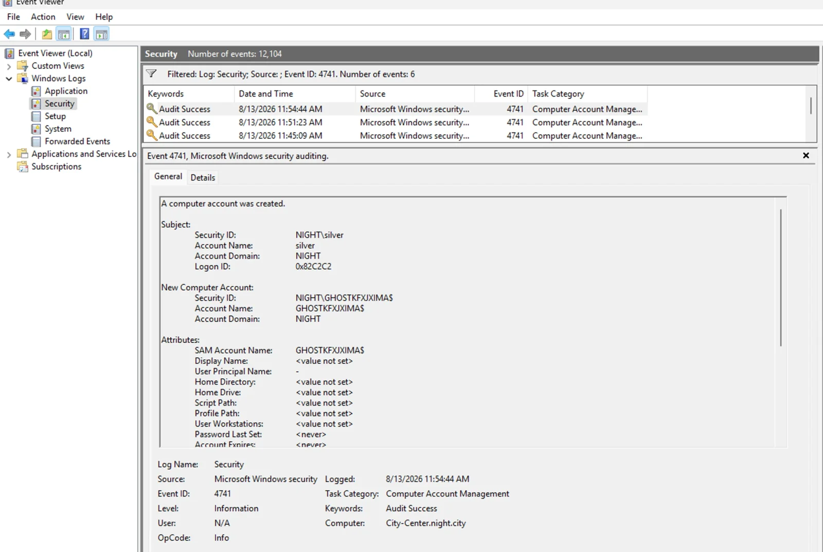 Computer account created in Event Viewer