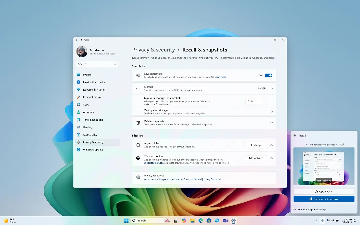 Recall & Snapshots Settings / Source: Microsoft
